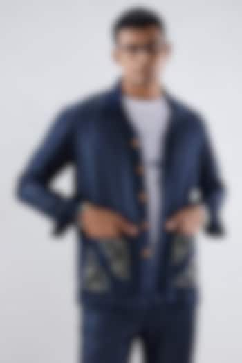 Dark Blue Tencel Denim Embroidered Summer Shirt by Raw & Rustic by Niti Bothra Men at Pernia's Pop Up Shop