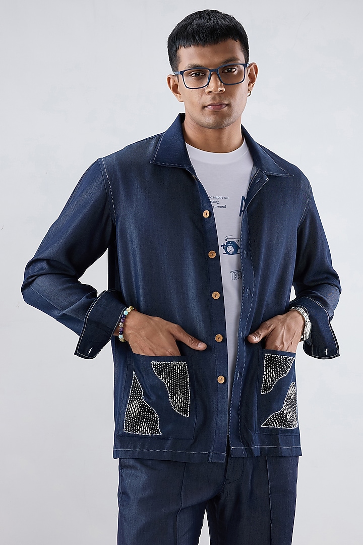 Dark Blue Tencel Denim Embroidered Summer Shirt by Raw & Rustic by Niti Bothra Men at Pernia's Pop Up Shop