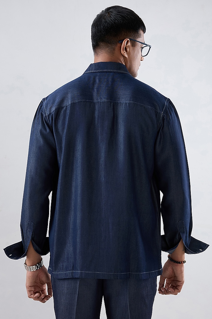 Dark Blue Tencel Denim Embroidered Summer Shirt by Raw & Rustic by Niti Bothra Men at Pernia's Pop Up Shop