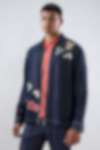 Dark Blue Tencel Denim Patchwork Embroidered Shacket by Raw & Rustic by Niti Bothra Men at Pernia's Pop Up Shop