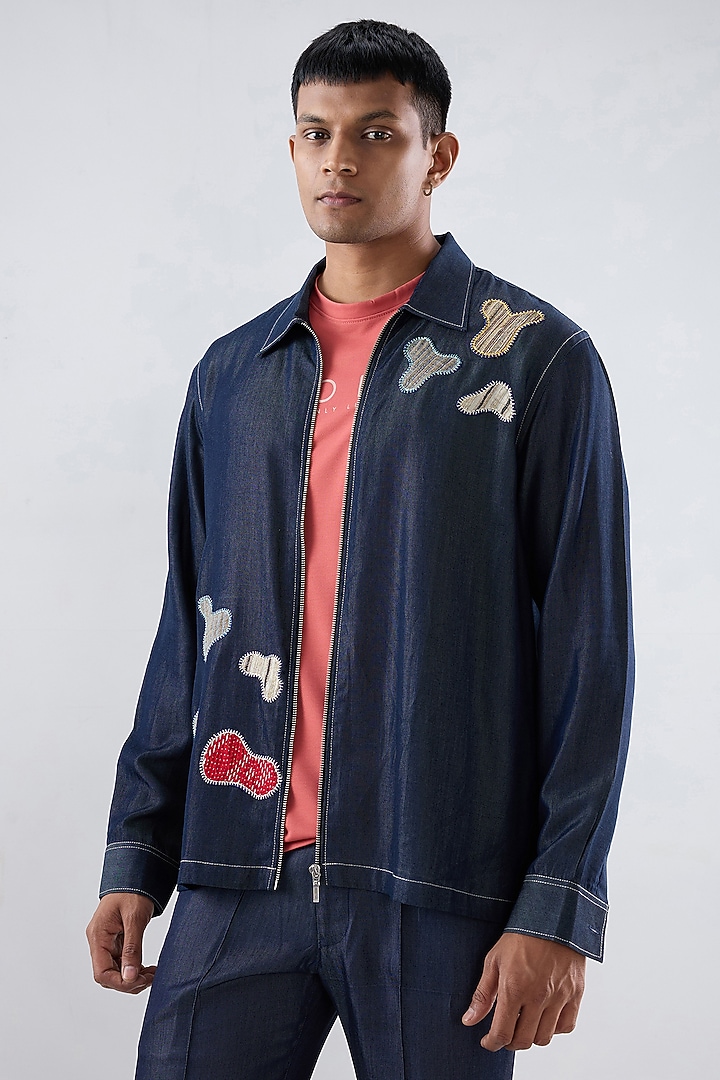 Dark Blue Tencel Denim Patchwork Embroidered Shacket by Raw & Rustic by Niti Bothra Men at Pernia's Pop Up Shop