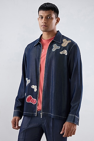 Dark Blue Tencel Denim Patchwork Embroidered Shacket by Raw & Rustic by Niti Bothra Men