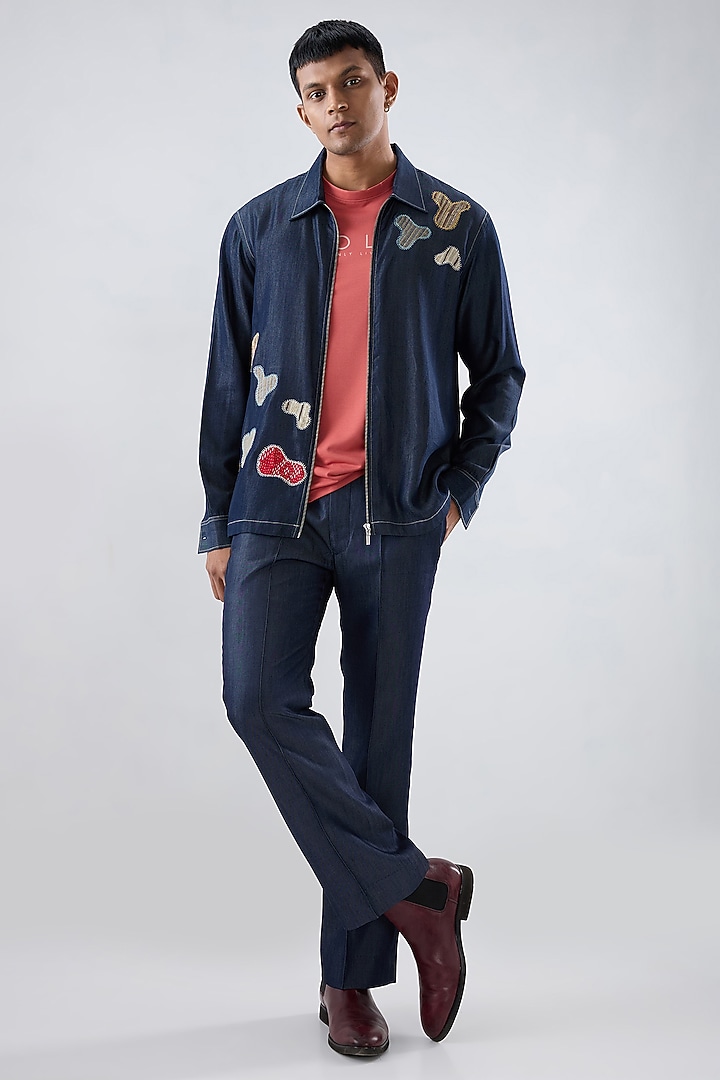 Dark Blue Tencel Denim Patchwork Embroidered Shacket by Raw & Rustic by Niti Bothra Men at Pernia's Pop Up Shop
