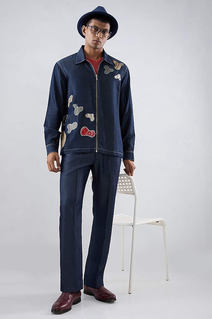 Dark Blue Tencel Denim Patchwork Embroidered Shacket by Raw & Rustic by Niti Bothra Men at Pernia's Pop Up Shop