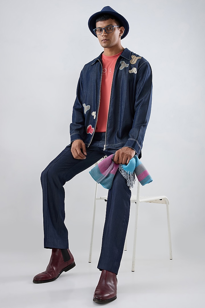 Dark Blue Tencel Denim Patchwork Embroidered Shacket by Raw & Rustic by Niti Bothra Men at Pernia's Pop Up Shop