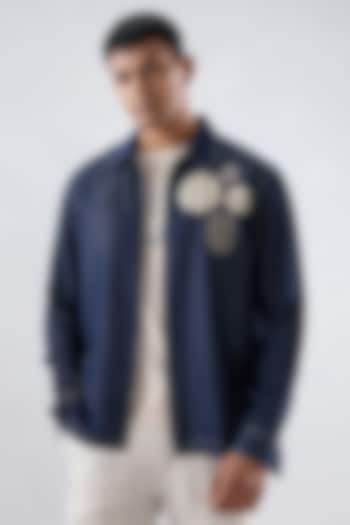 Dark Blue Tencel Denim Patchwork Embroidered Shacket by Raw & Rustic by Niti Bothra Men at Pernia's Pop Up Shop