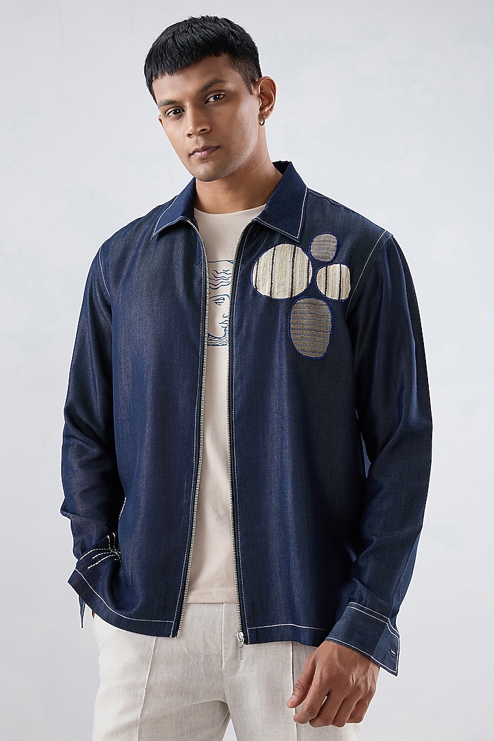 Dark Blue Tencel Denim Patchwork Embroidered Shacket by Raw & Rustic by Niti Bothra Men at Pernia's Pop Up Shop