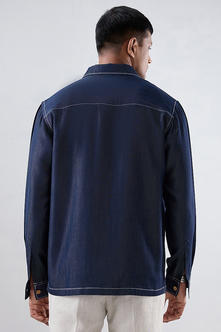 Dark Blue Tencel Denim Patchwork Embroidered Shacket by Raw & Rustic by Niti Bothra Men at Pernia's Pop Up Shop