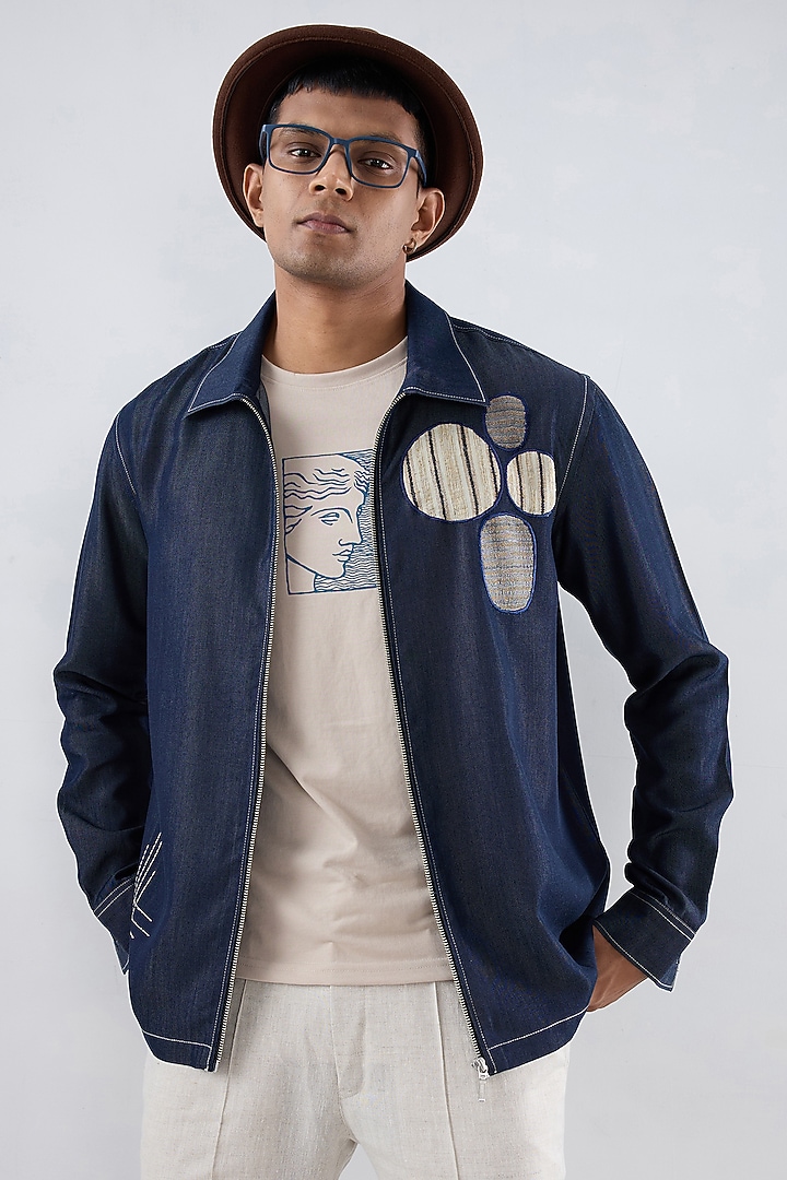 Dark Blue Tencel Denim Patchwork Embroidered Shacket by Raw & Rustic by Niti Bothra Men at Pernia's Pop Up Shop