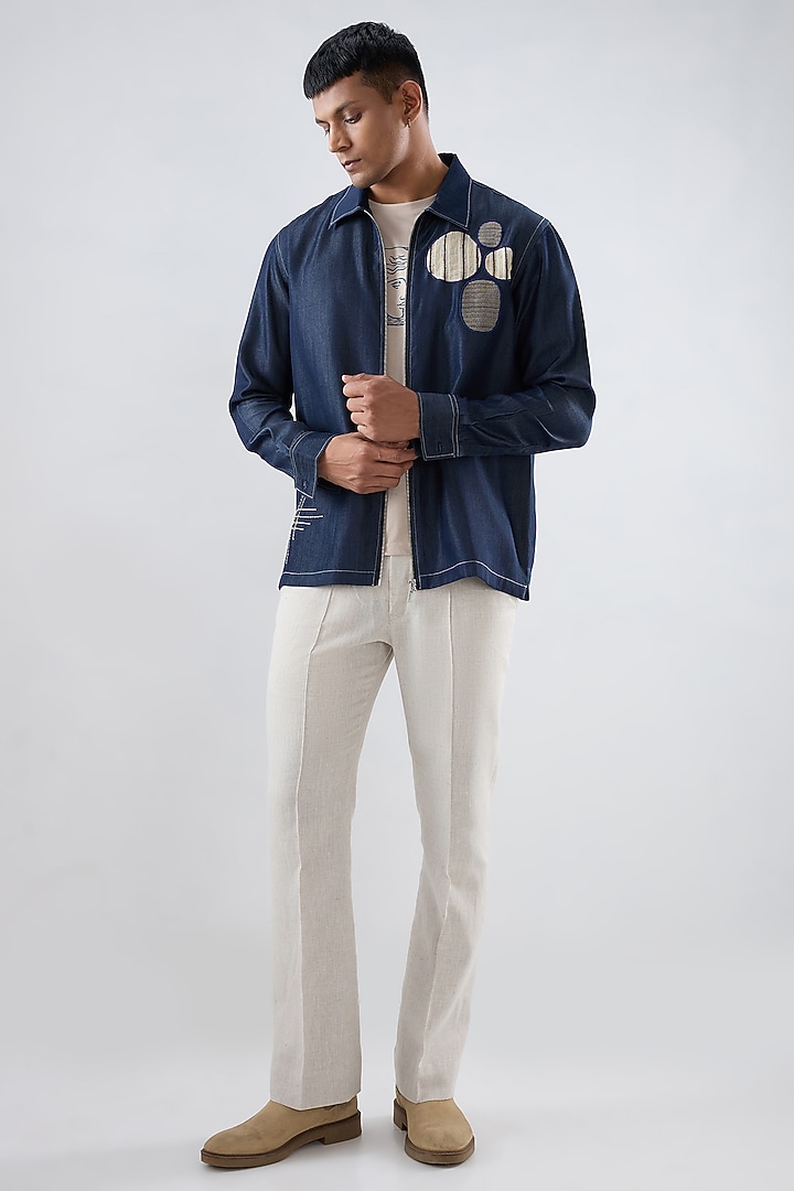 Dark Blue Tencel Denim Patchwork Embroidered Shacket by Raw & Rustic by Niti Bothra Men at Pernia's Pop Up Shop