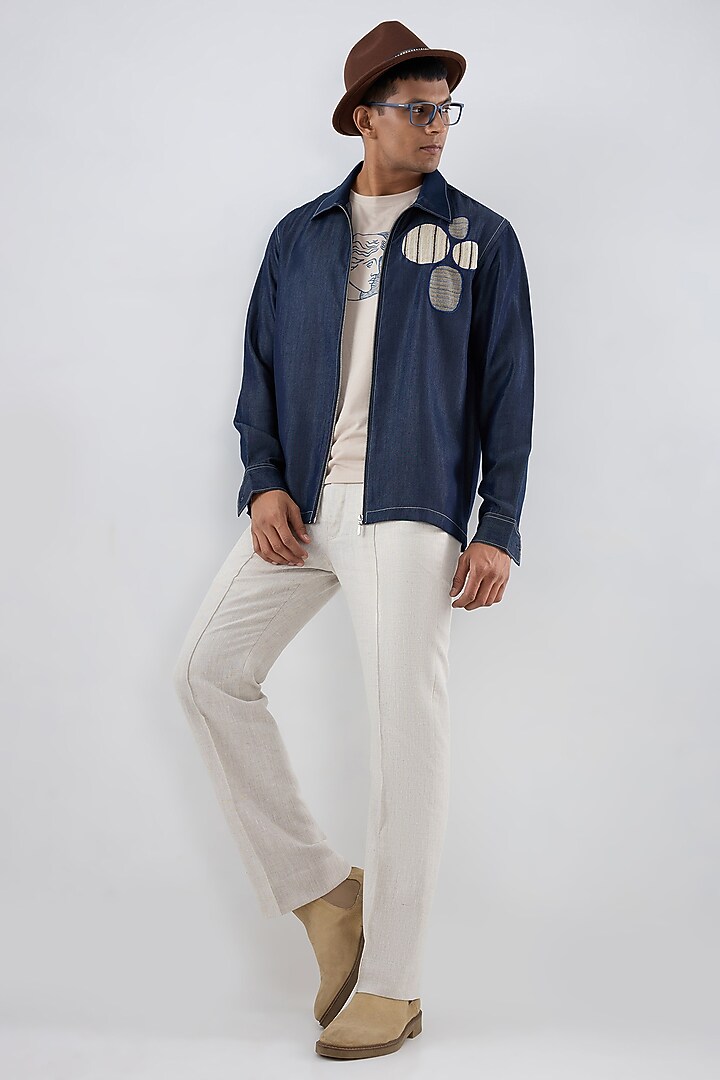 Dark Blue Tencel Denim Patchwork Embroidered Shacket by Raw & Rustic by Niti Bothra Men at Pernia's Pop Up Shop