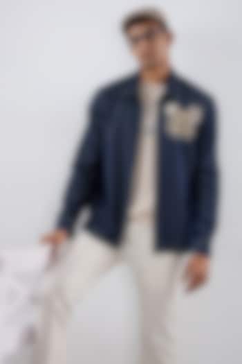 Dark Blue Tencel Denim Patchwork Embroidered Shacket by Raw & Rustic by Niti Bothra Men at Pernia's Pop Up Shop