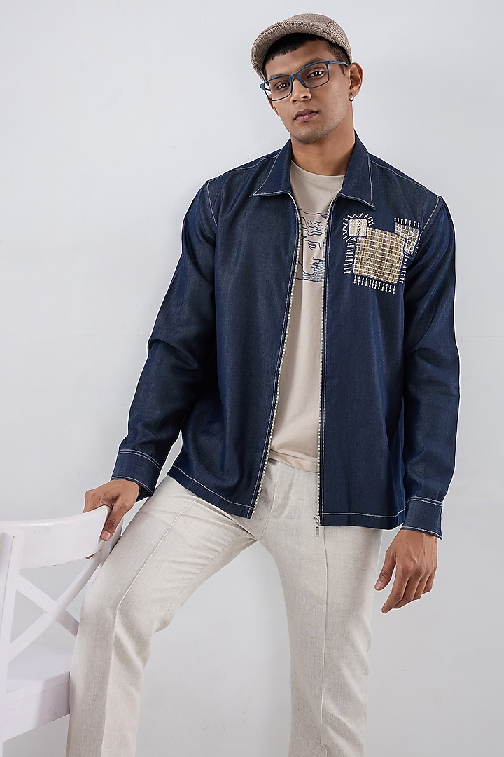 Dark Blue Tencel Denim Patchwork Embroidered Shacket by Raw & Rustic by Niti Bothra Men at Pernia's Pop Up Shop