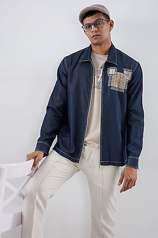 Dark Blue Tencel Denim Patchwork Embroidered Shacket by Raw & Rustic by Niti Bothra Men