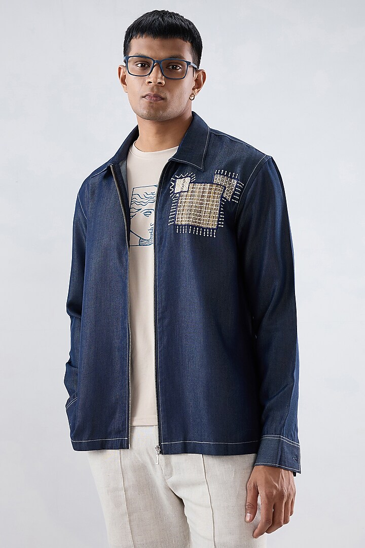 Dark Blue Tencel Denim Patchwork Embroidered Shacket by Raw & Rustic by Niti Bothra Men at Pernia's Pop Up Shop