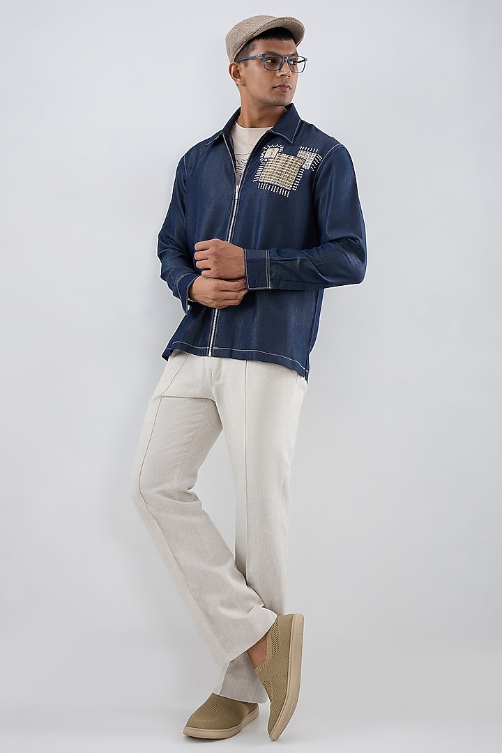 Dark Blue Tencel Denim Patchwork Embroidered Shacket by Raw & Rustic by Niti Bothra Men at Pernia's Pop Up Shop