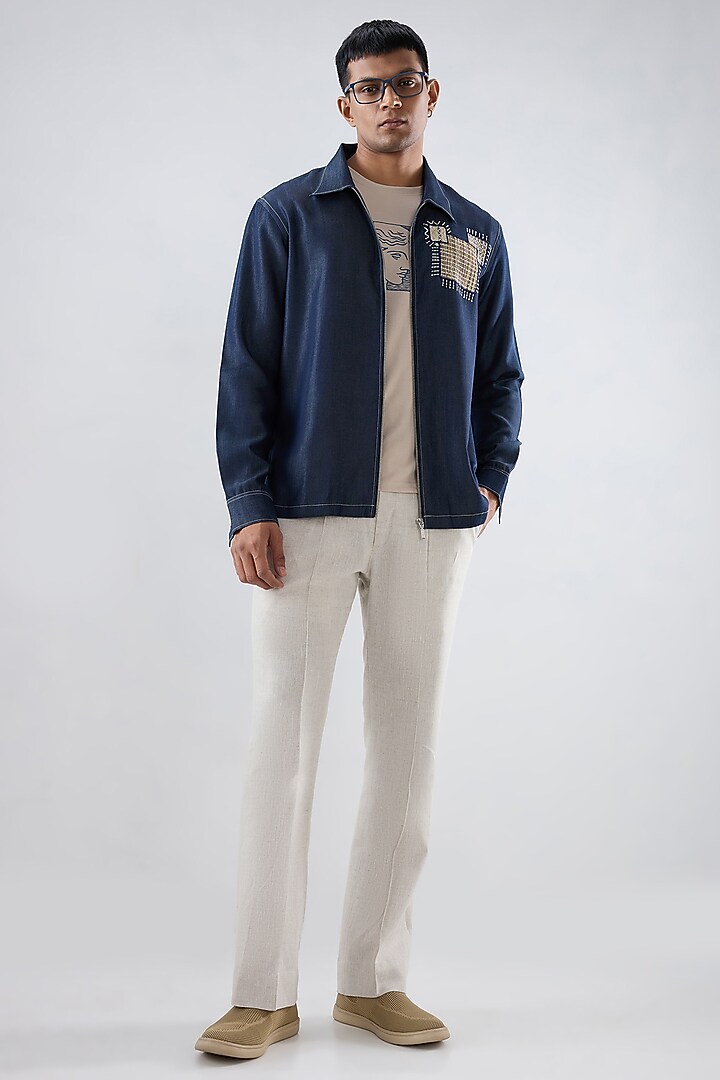 Dark Blue Tencel Denim Patchwork Embroidered Shacket by Raw & Rustic by Niti Bothra Men at Pernia's Pop Up Shop