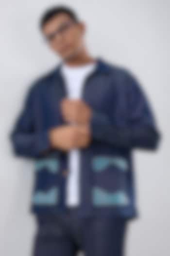 Dark Blue Tencel Denim Patchwork Embroidered Shacket by Raw & Rustic by Niti Bothra Men at Pernia's Pop Up Shop