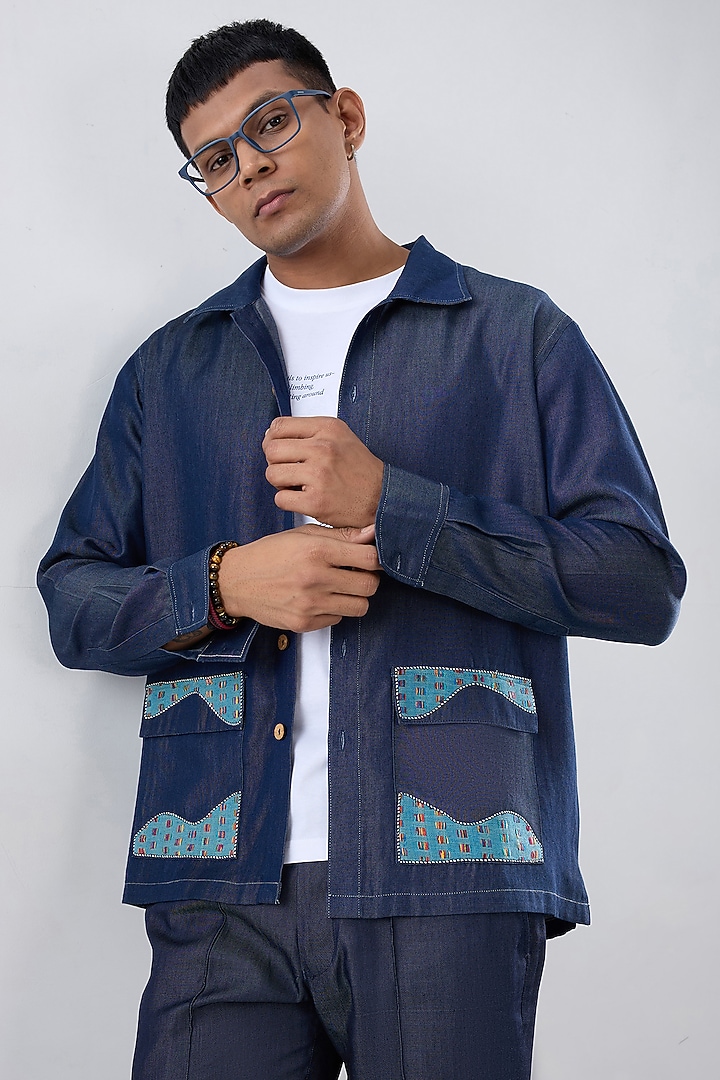 Dark Blue Tencel Denim Patchwork Embroidered Shacket by Raw & Rustic by Niti Bothra Men at Pernia's Pop Up Shop