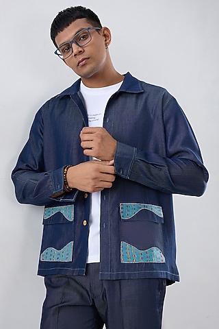 Dark Blue Tencel Denim Patchwork Embroidered Shacket by Raw & Rustic by Niti Bothra Men