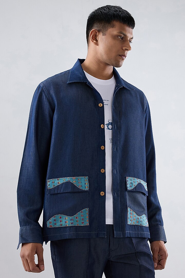 Dark Blue Tencel Denim Patchwork Embroidered Shacket by Raw & Rustic by Niti Bothra Men at Pernia's Pop Up Shop
