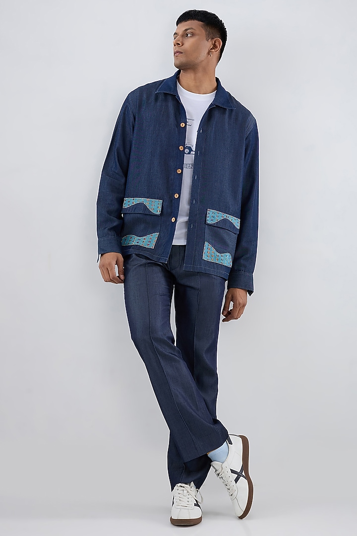 Dark Blue Tencel Denim Patchwork Embroidered Shacket by Raw & Rustic by Niti Bothra Men at Pernia's Pop Up Shop