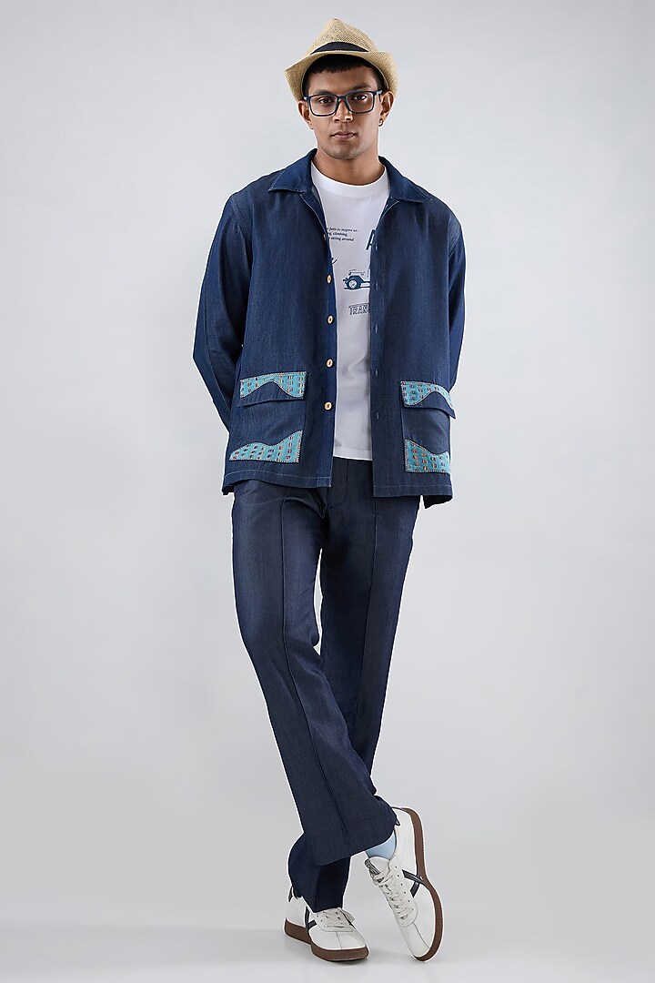 Dark Blue Tencel Denim Patchwork Embroidered Shacket by Raw & Rustic by Niti Bothra Men at Pernia's Pop Up Shop