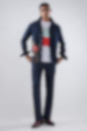 Dark Blue Tencel Denim Patchwork Embroidered Shacket by Raw & Rustic by Niti Bothra Men at Pernia's Pop Up Shop