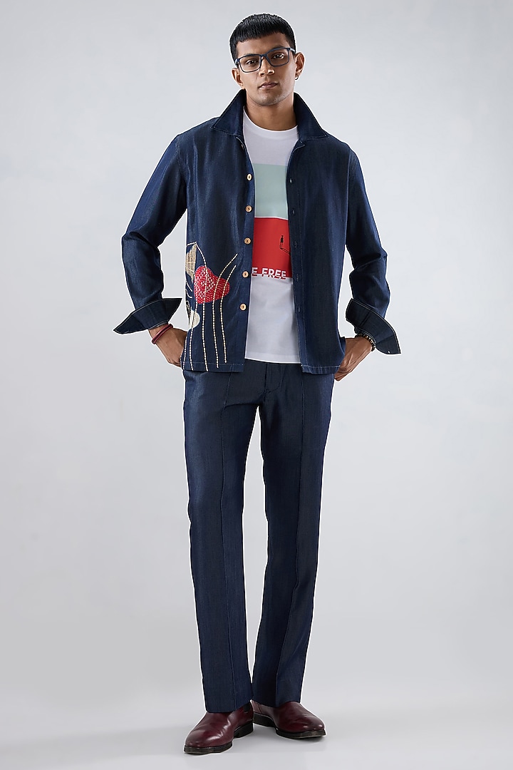 Dark Blue Tencel Denim Patchwork Embroidered Shacket by Raw & Rustic by Niti Bothra Men at Pernia's Pop Up Shop