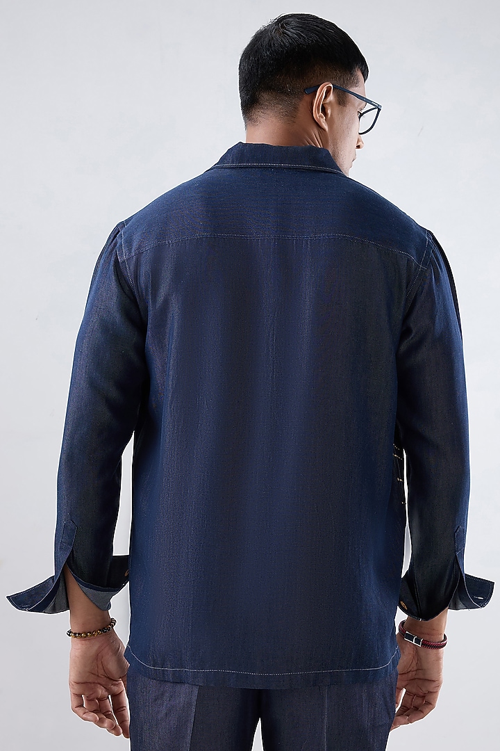 Dark Blue Tencel Denim Patchwork Embroidered Shacket by Raw & Rustic by Niti Bothra Men at Pernia's Pop Up Shop