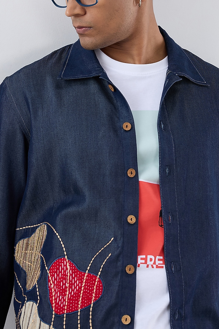 Dark Blue Tencel Denim Patchwork Embroidered Shacket by Raw & Rustic by Niti Bothra Men at Pernia's Pop Up Shop