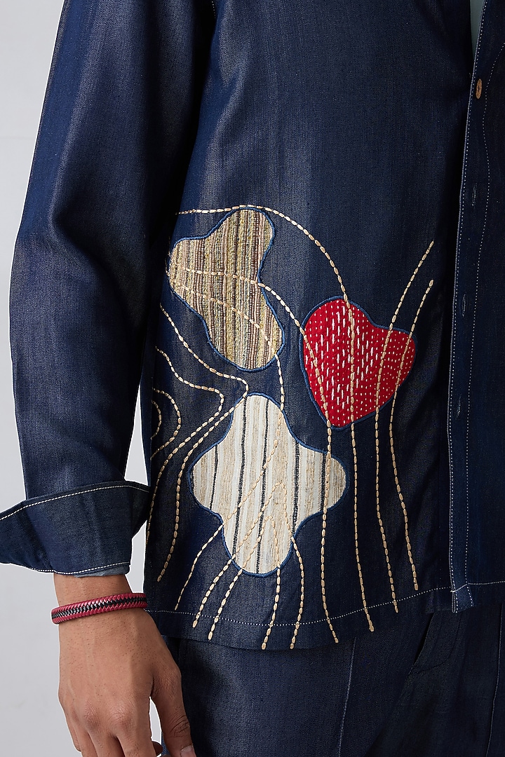 Dark Blue Tencel Denim Patchwork Embroidered Shacket by Raw & Rustic by Niti Bothra Men at Pernia's Pop Up Shop