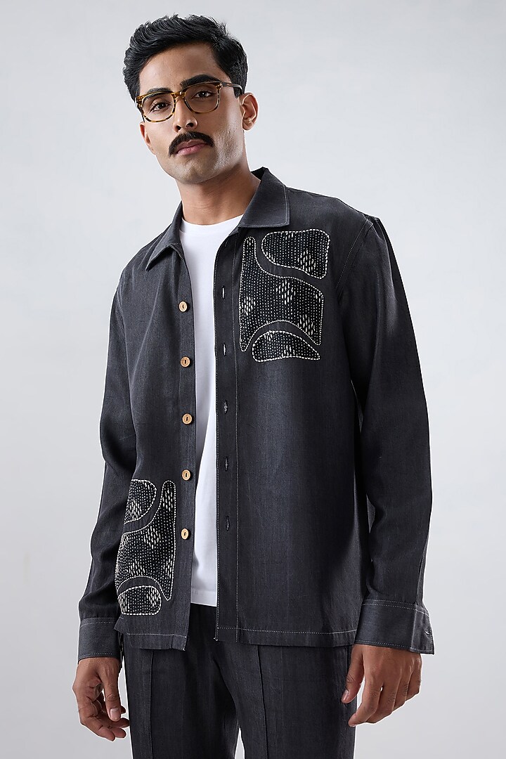 Black Tencel Denim Patchwork Embroidered Shacket by Raw & Rustic by Niti Bothra Men at Pernia's Pop Up Shop