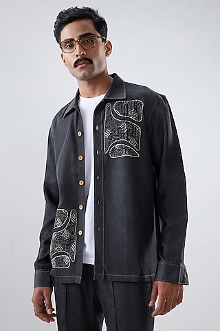 Black Tencel Denim Patchwork Embroidered Shacket by Raw & Rustic by Niti Bothra Men