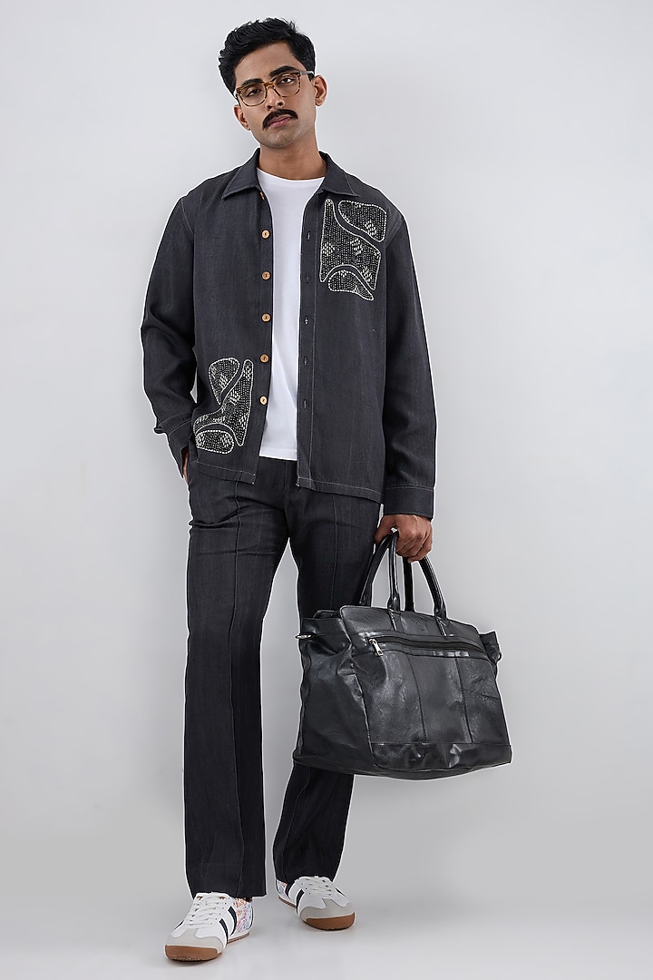 Black Tencel Denim Patchwork Embroidered Shacket by Raw & Rustic by Niti Bothra Men at Pernia's Pop Up Shop