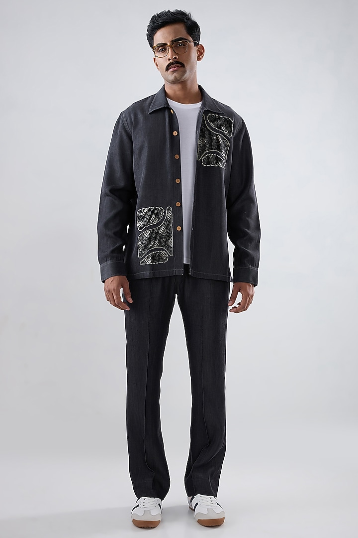 Black Tencel Denim Patchwork Embroidered Shacket by Raw & Rustic by Niti Bothra Men at Pernia's Pop Up Shop