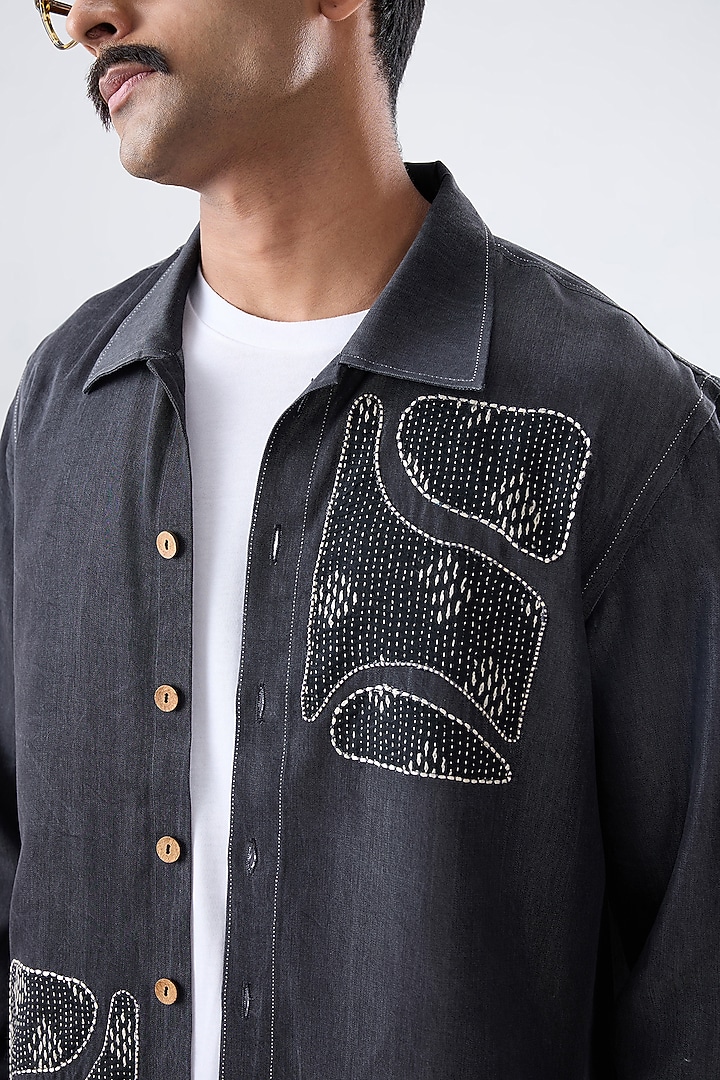 Black Tencel Denim Patchwork Embroidered Shacket by Raw & Rustic by Niti Bothra Men at Pernia's Pop Up Shop
