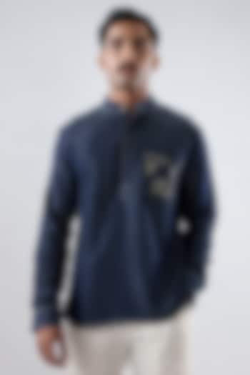 Dark Blue Tencel Denim Patchwork Embroidered Shirt Kurta by Raw & Rustic by Niti Bothra Men at Pernia's Pop Up Shop