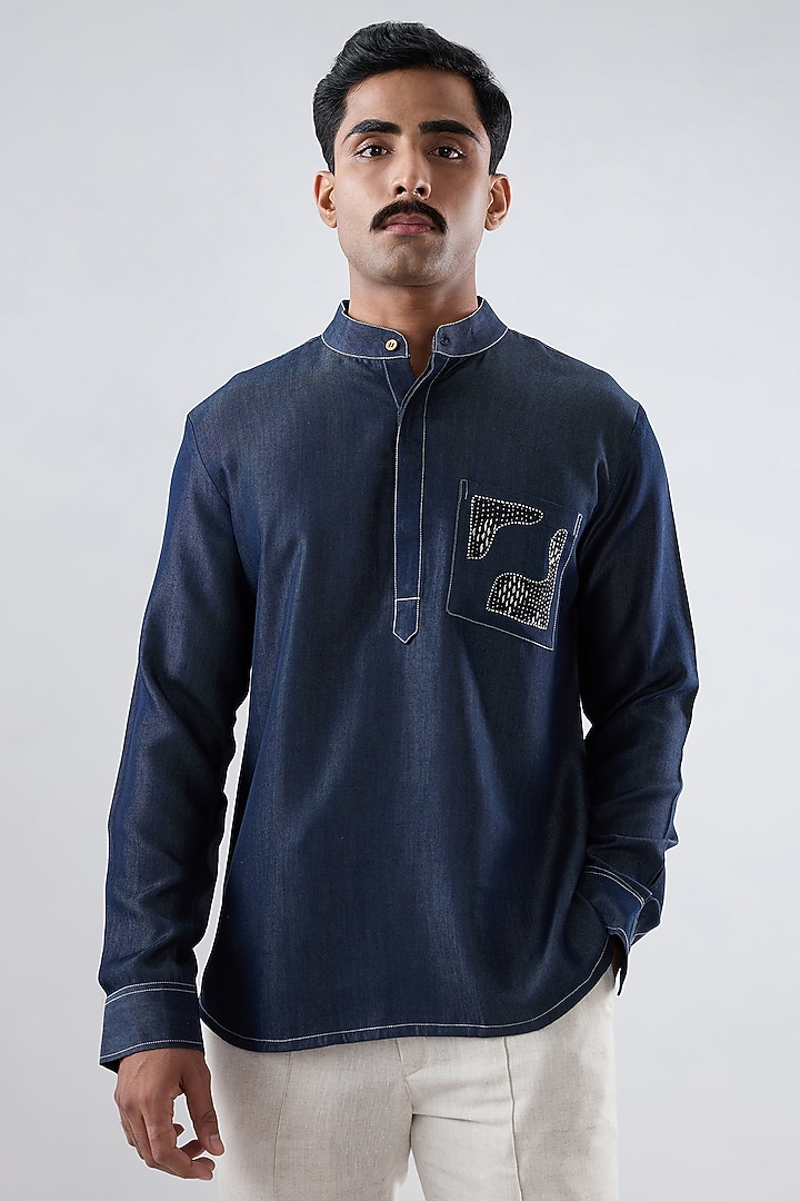 Dark Blue Tencel Denim Patchwork Embroidered Shirt Kurta by Raw & Rustic by Niti Bothra Men at Pernia's Pop Up Shop