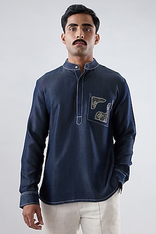 Dark Blue Tencel Denim Patchwork Embroidered Shirt Kurta by Raw & Rustic by Niti Bothra Men