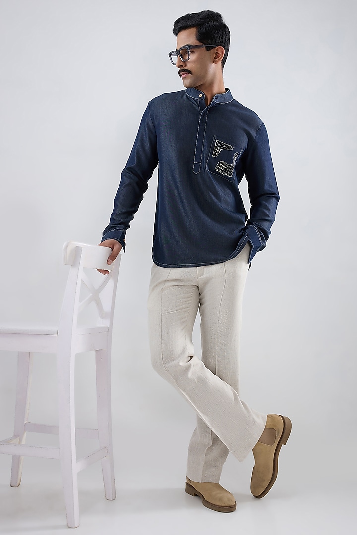 Dark Blue Tencel Denim Patchwork Embroidered Shirt Kurta by Raw & Rustic by Niti Bothra Men at Pernia's Pop Up Shop