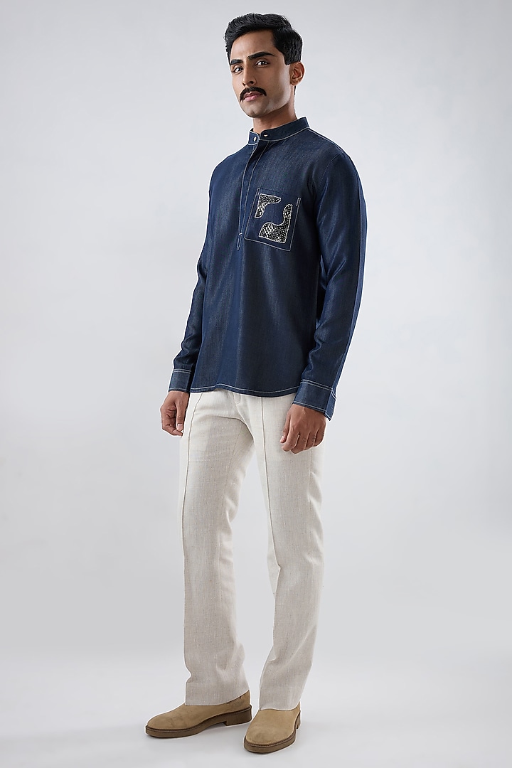 Dark Blue Tencel Denim Patchwork Embroidered Shirt Kurta by Raw & Rustic by Niti Bothra Men at Pernia's Pop Up Shop