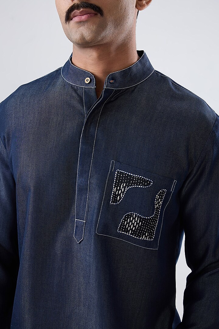Dark Blue Tencel Denim Patchwork Embroidered Shirt Kurta by Raw & Rustic by Niti Bothra Men at Pernia's Pop Up Shop