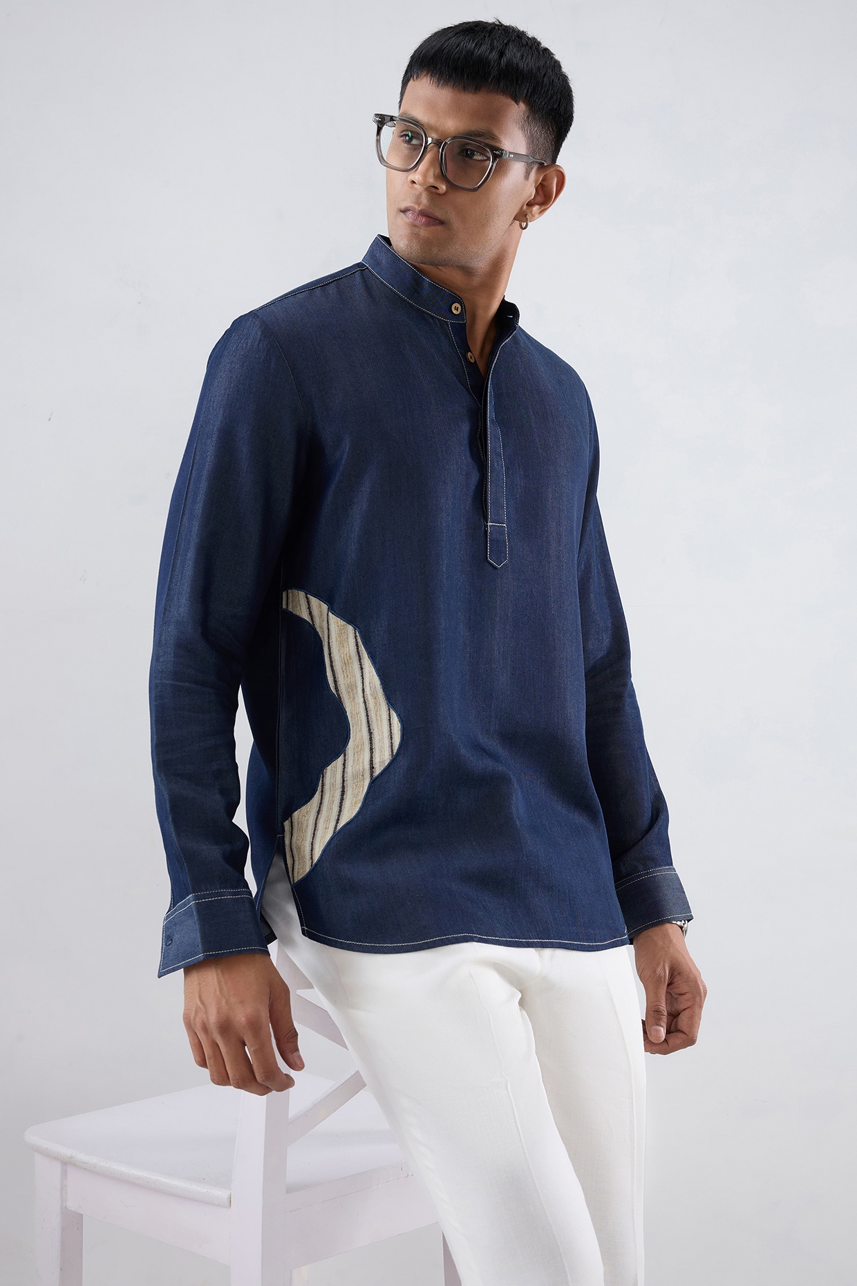 Raw & Rustic by Niti Bothra Dark Blue Tencel Denim Patchwork Embroidered Shirt Kurta
