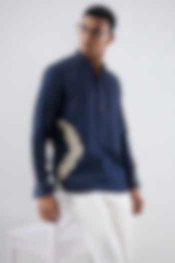 Dark Blue Tencel Denim Patchwork Embroidered Shirt Kurta by Raw & Rustic by Niti Bothra Men at Pernia's Pop Up Shop