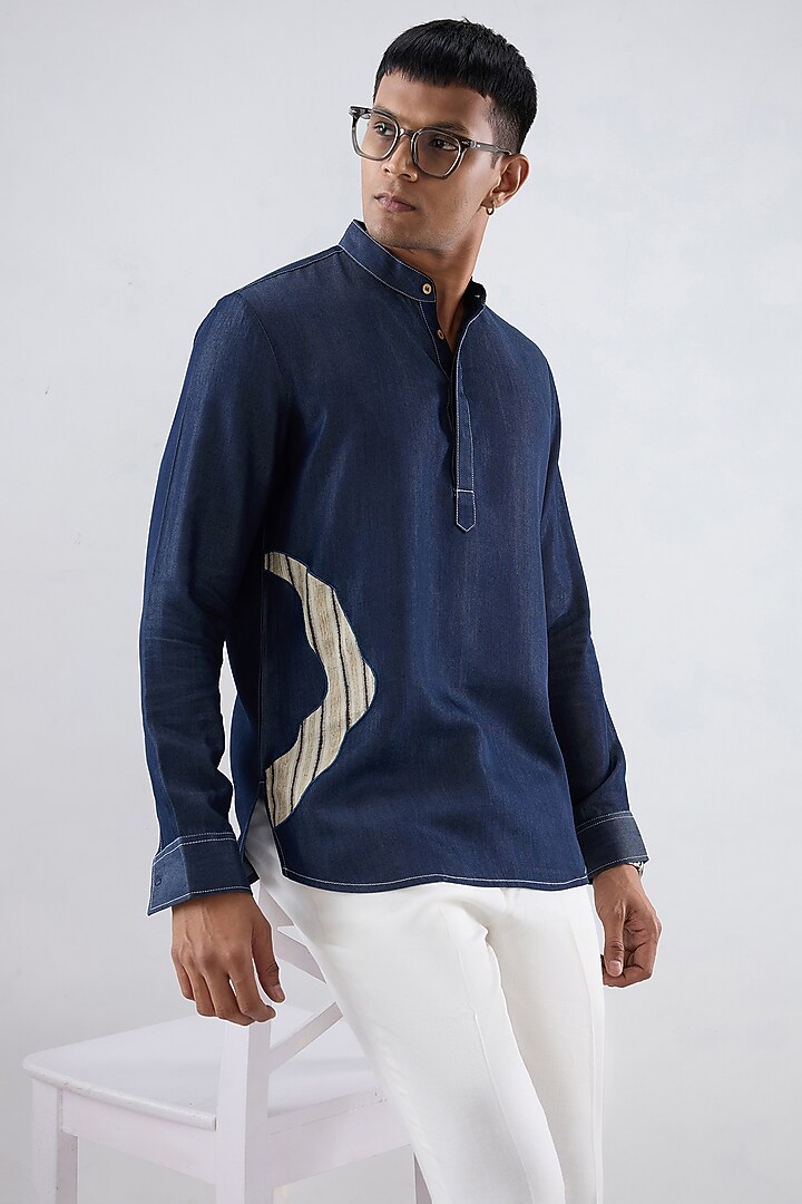 Dark Blue Tencel Denim Patchwork Embroidered Shirt Kurta by Raw & Rustic by Niti Bothra Men at Pernia's Pop Up Shop