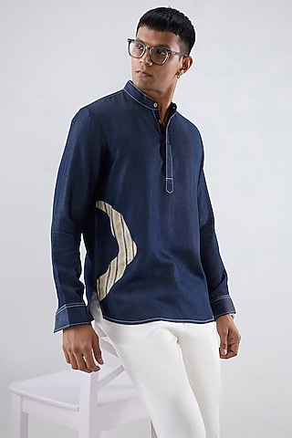 Dark Blue Tencel Denim Patchwork Embroidered Shirt Kurta by Raw & Rustic by Niti Bothra Men
