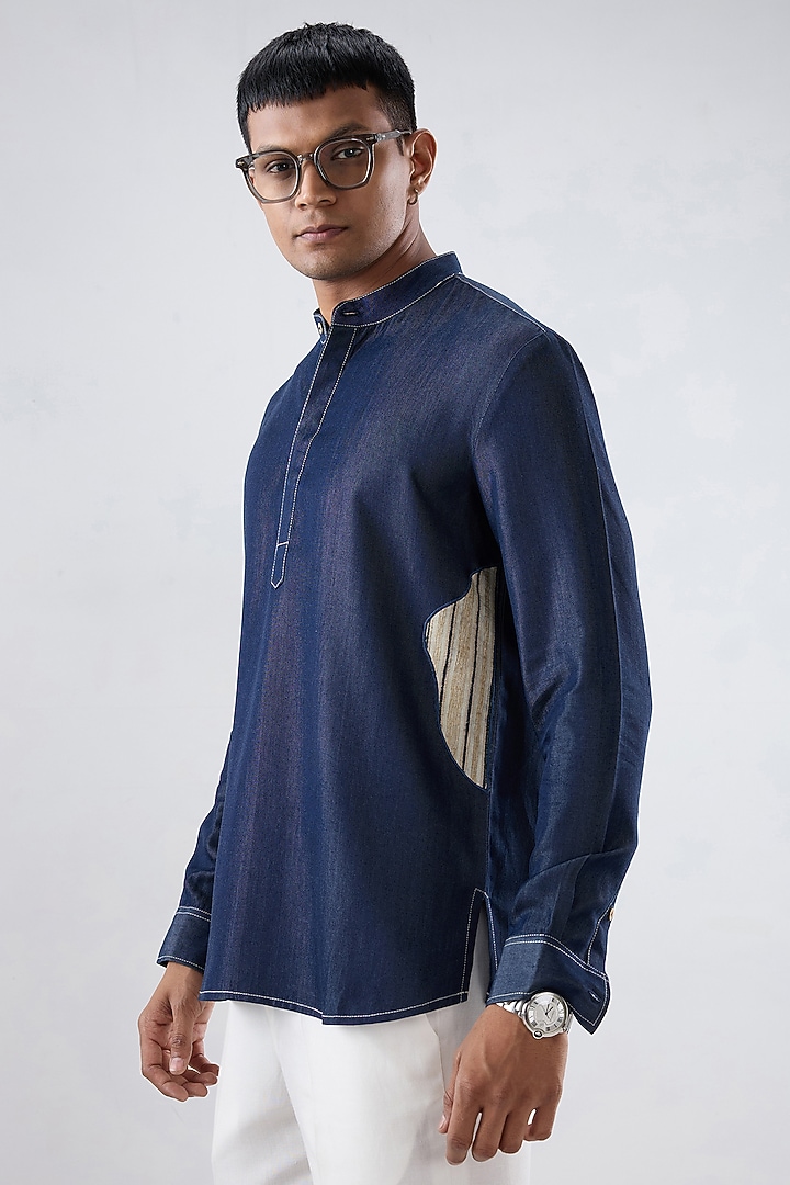 Dark Blue Tencel Denim Patchwork Embroidered Shirt Kurta by Raw & Rustic by Niti Bothra Men at Pernia's Pop Up Shop