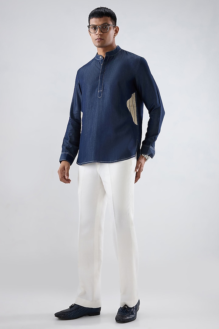 Dark Blue Tencel Denim Patchwork Embroidered Shirt Kurta by Raw & Rustic by Niti Bothra Men at Pernia's Pop Up Shop