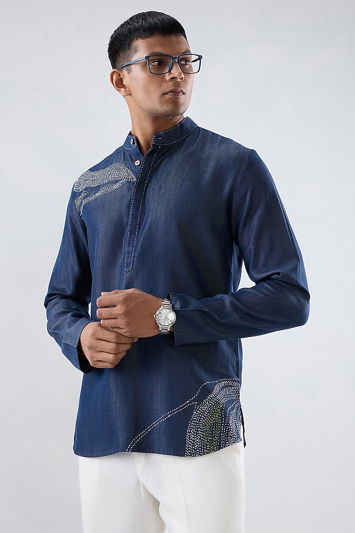 Blue Tencel Denim Hand Embroidered Party Wear Shirt by Raw & Rustic by Niti Bothra Men at Pernia's Pop Up Shop